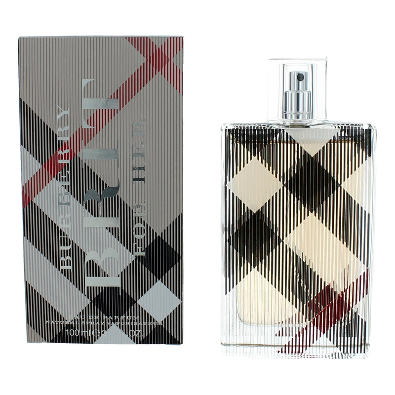 Burberry Brit women's 3.3 oz EDP spray bottle with sleek packaging and classic design, ready for use.