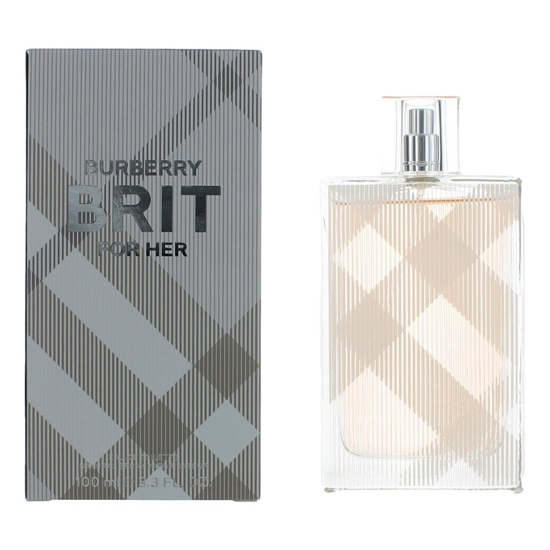 Burberry Brit 3.3 oz women's EDT spray bottle with elegant packaging and clear branding, ready for use.