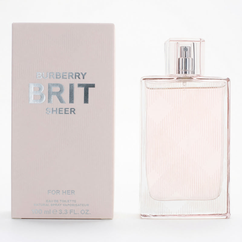 Burberry Brit Sheer 3.3 oz women's EDT spray bottle with clear glass and silver cap, showcasing elegant packaging.