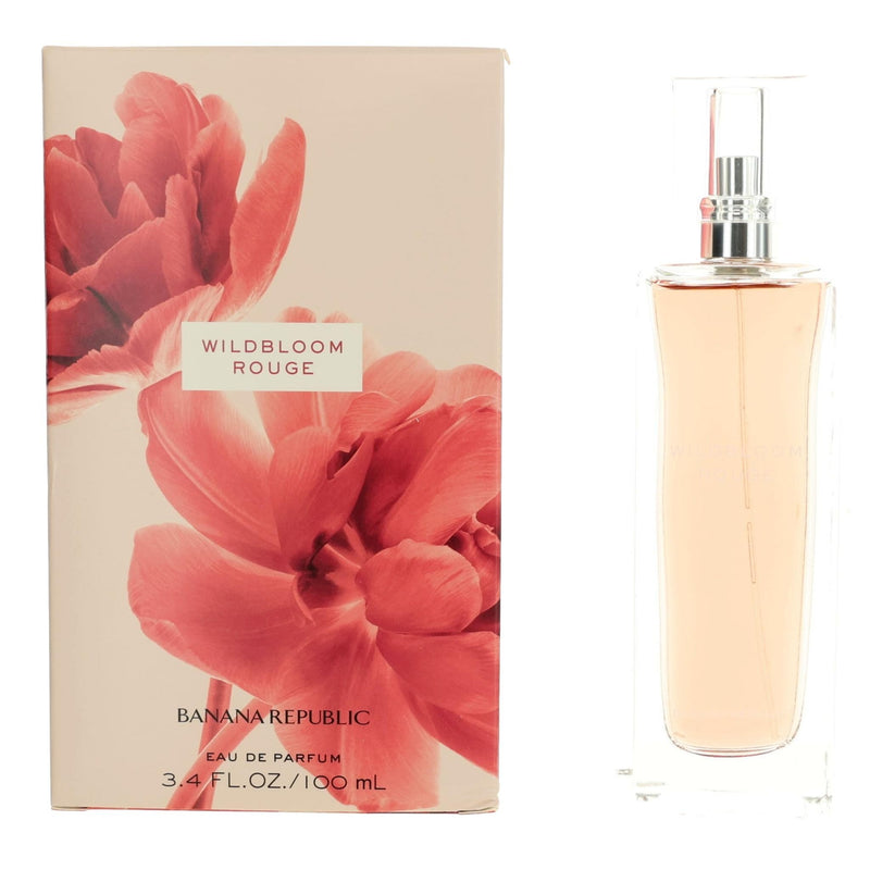 Banana Republic Wildbloom Rouge 3.4 oz women’s EDP spray bottle, elegant floral fragrance with pink and purple accents.