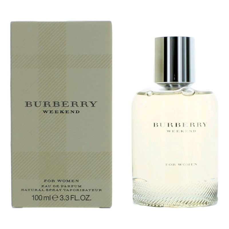 Burberry Weekend Women’s 3.3 oz EDP spray bottle with elegant packaging and floral design, showcasing the luxury fragrance.