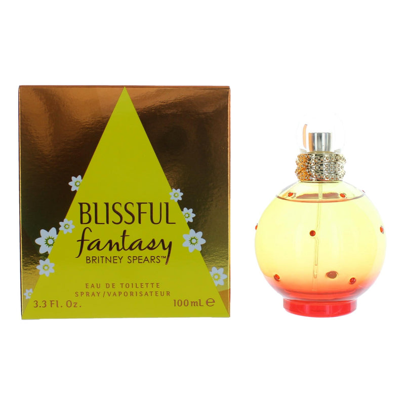 Britney Spears Blissful Fantasy 3.3 oz EDT spray for women, elegant bottle with floral design and gold accents.