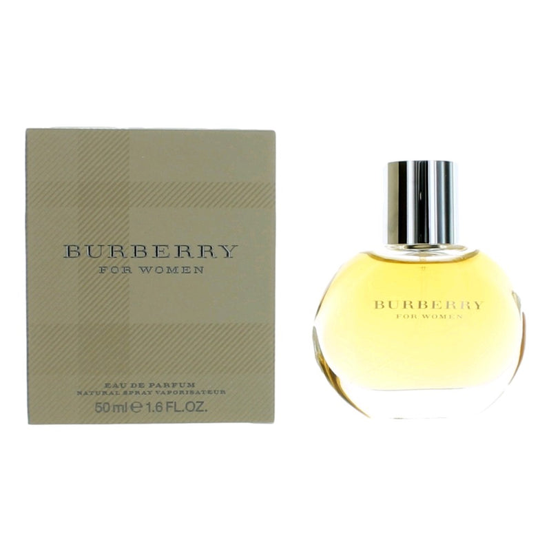 Burberry women's 1.6 oz Eau de Parfum spray bottle with elegant packaging and classic Burberry design.