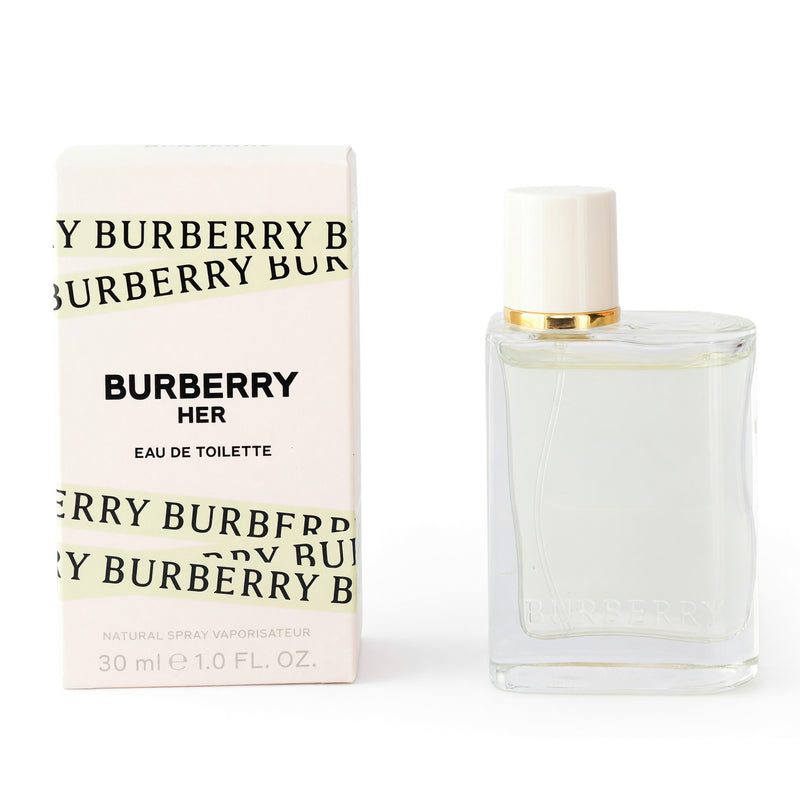 Burberry Her 1 oz Eau de Toilette spray for women, featuring the iconic bottle design and floral fragrance details.