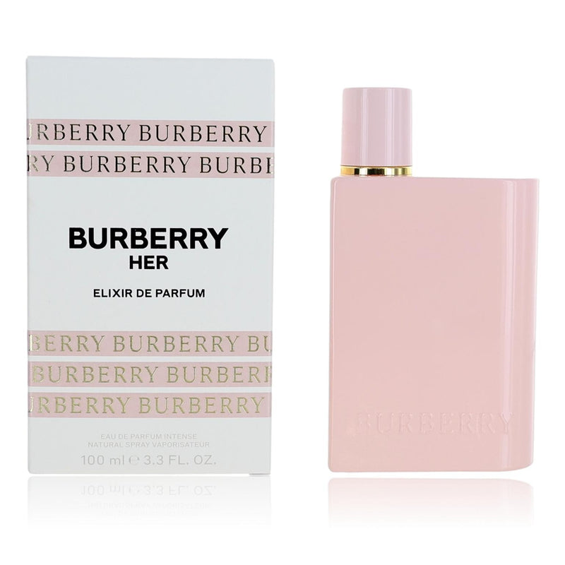 Burberry Her Elixir 3.3 oz EDP Intense spray for women, stylish perfume bottle with elegant design.