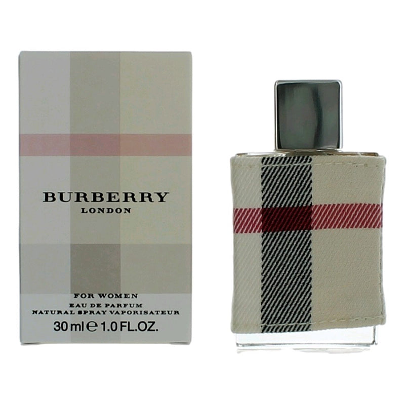 Burberry London women’s 1 oz Eau de Parfum spray bottle, elegant packaging, showcasing the classic Burberry branding.