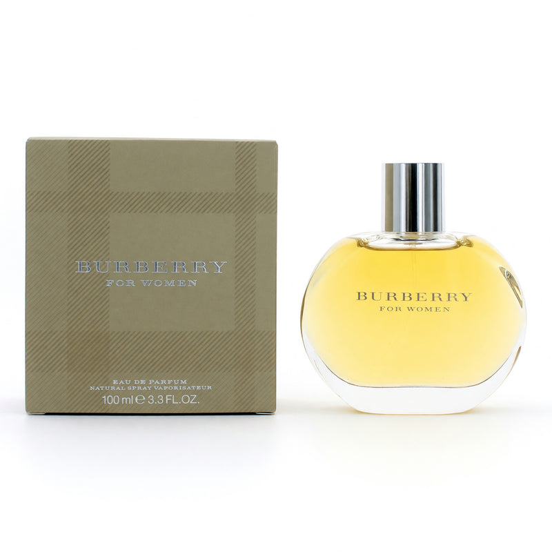 Burberry by Burberry 3.3 oz women's EDP spray bottle with sleek glass design and black cap.