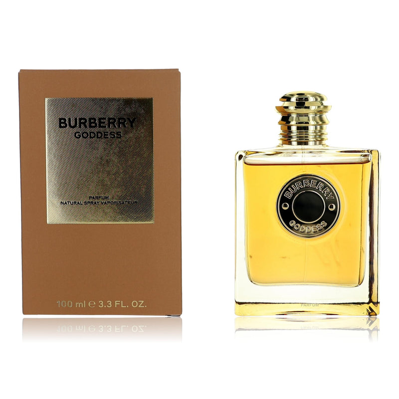 Burberry Goddess perfume spray for women, 3.4 oz bottle, elegant packaging with gold accents and floral design.