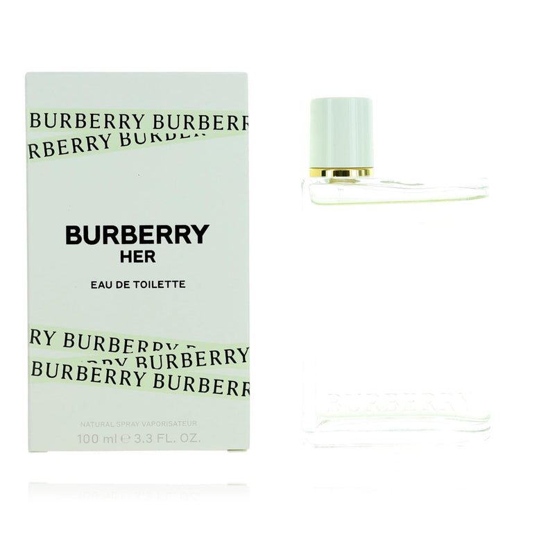 Burberry Her women’s 3.4 oz EDT spray bottle, featuring elegant packaging and branding for the Burberry fragrance.