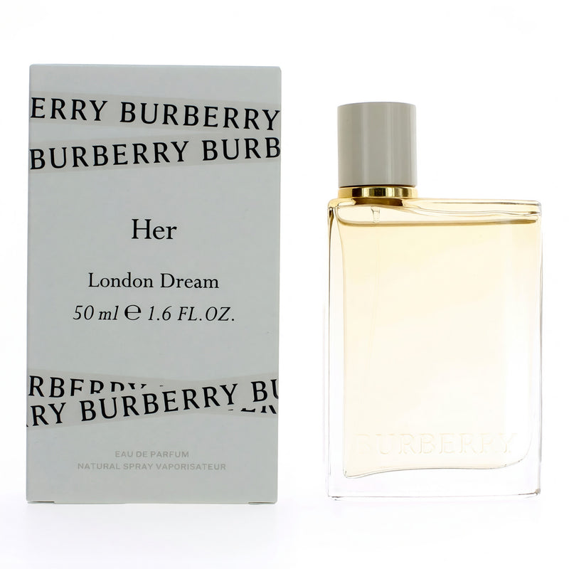Burberry Her London Dream 1.6 oz women’s EDP spray bottle with floral and fruity design, showcasing the elegant perfume packaging.