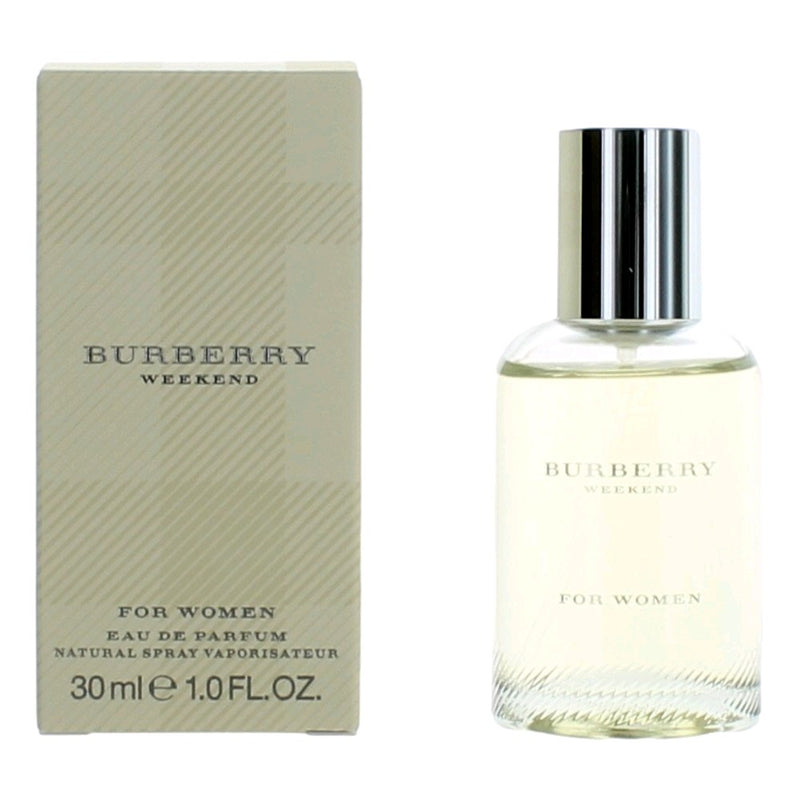 Burberry Weekend women’s 1 oz Eau de Parfum spray bottle with elegant packaging, showcasing the Burberry brand and fragrance design.