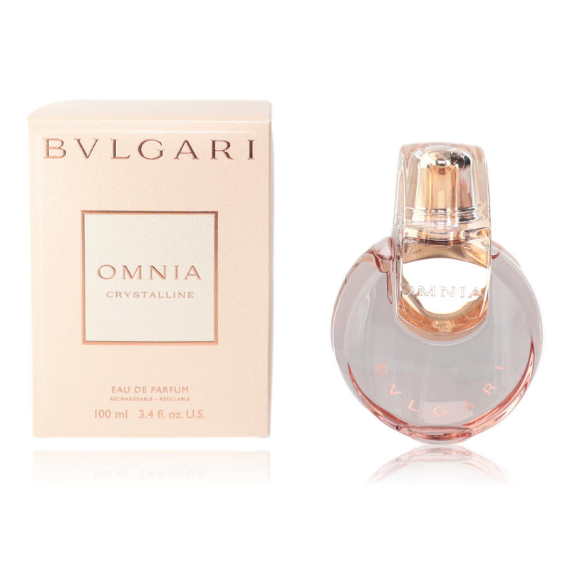 Bvlgari Omnia Crystalline 3.4 oz women’s EDP spray bottle with clear glass design and silver cap.