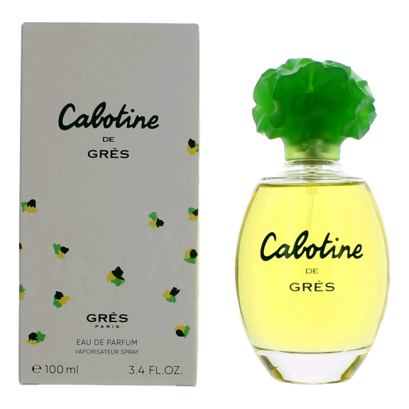 Cabotine by Parfums Gres 3.4 oz EDP spray for women, showcasing the elegant perfume bottle with a decorative cap.