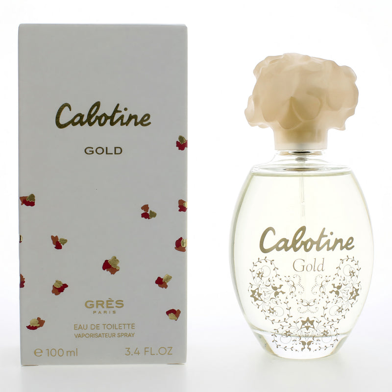 Cabotine Gold by Parfums Gres 3.4 oz EDT spray for women, elegant perfume bottle with gold accents and floral design.