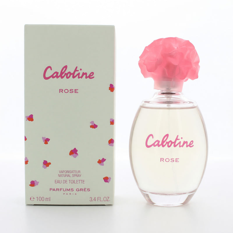 Parfums Gres Cabotine Rose 3.4 oz EDT spray for women, featuring a floral perfume bottle with a pink and gold design.