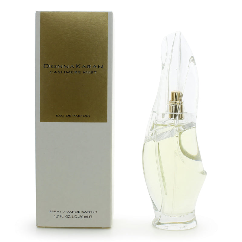 Donna Karan Cashmere Mist 1.7 oz women's EDP spray bottle, elegant perfume with a soft, luxurious scent.