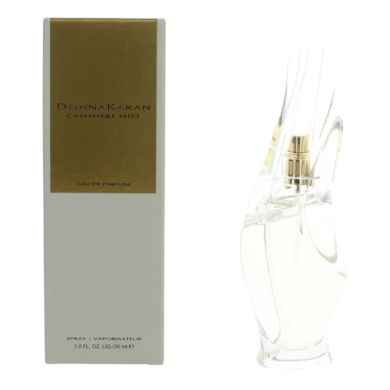 Donna Karan Cashmere Mist 1 oz women's eau de parfum spray shown in a sleek glass bottle.