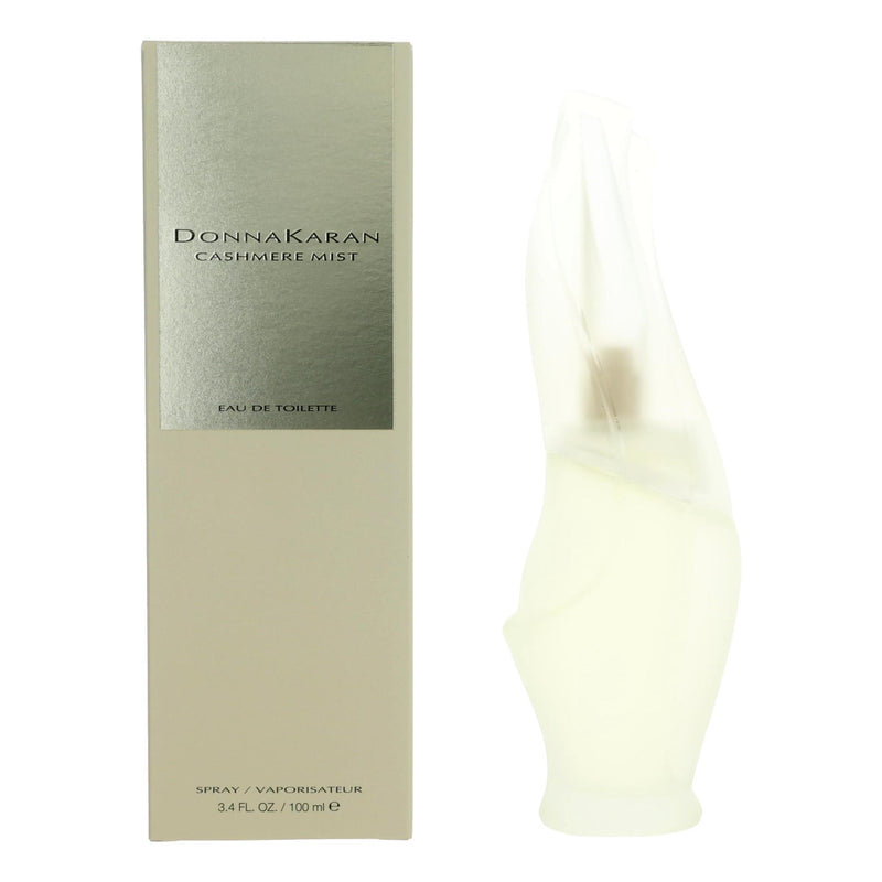 Donna Karan Cashmere Mist 3.4 oz women’s EDT spray bottle with elegant packaging and clear glass design.