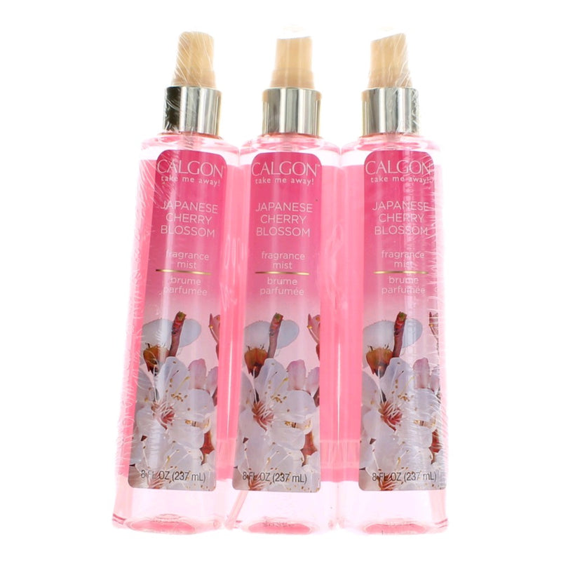 Calgon Japanese Cherry Blossom fragrance mist, 3-pack with 8oz bottles, featuring cherry blossom scent for women.