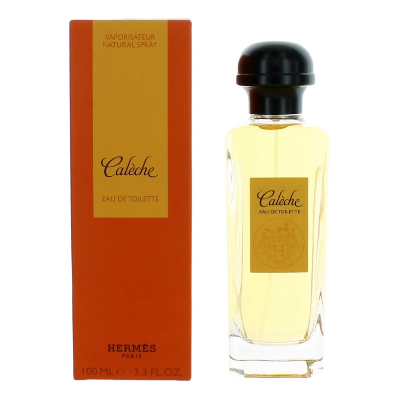 Hermes Caleche 3.3 oz EDT spray for women, elegant glass bottle with floral design, showcasing the iconic luxury fragrance.