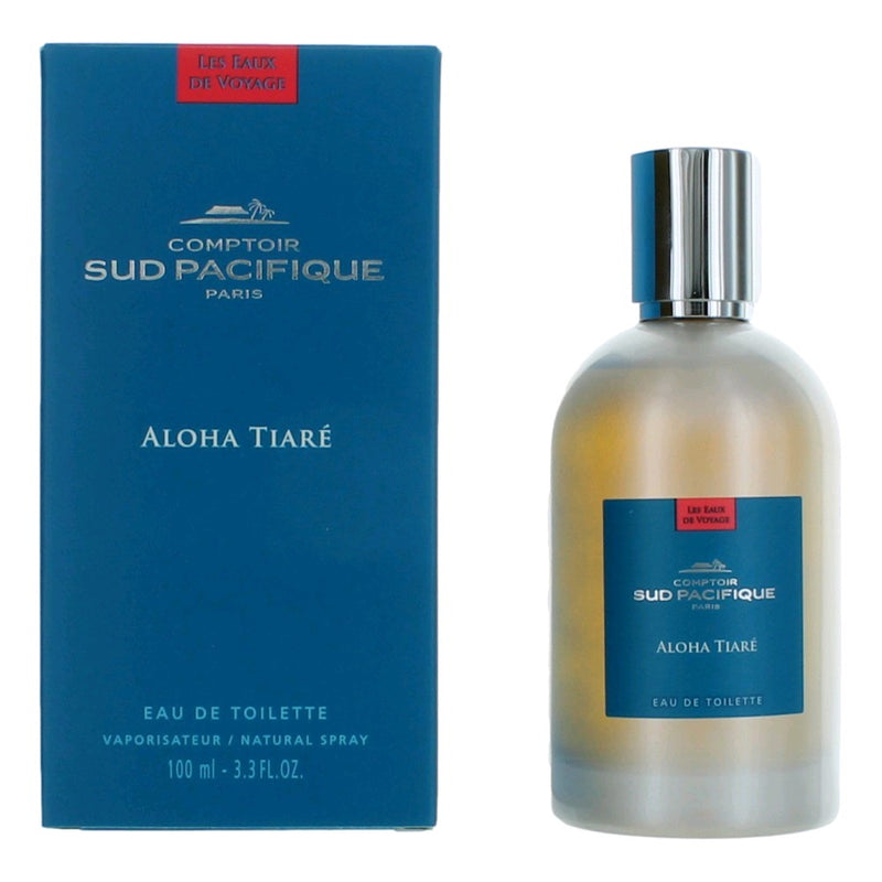 A 3.3 oz Comptoir Sud Pacifique Aloha Tiare EDT spray for women, featuring a sleek bottle with floral and tropical design elements.