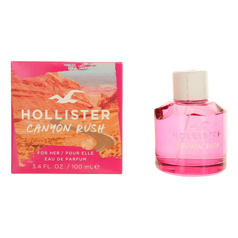 Hollister Canyon Rush 3.4 oz women's EDP spray bottle with sleek design and colorful label.