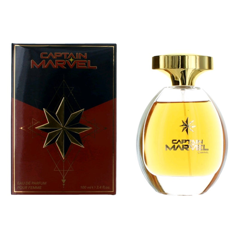 Captain Marvel Marvel 3.4 oz women’s EDP spray bottle, featuring superhero-themed packaging and fragrance for women.