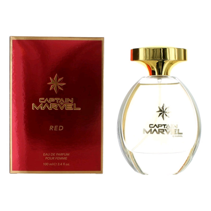 Captain Marvel Red 3.4 oz EDP spray for women featuring a sleek bottle design inspired by Marvel superhero.