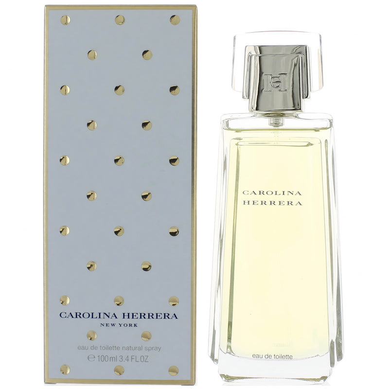 Carolina Herrera 3.4 oz EDT spray for women, elegant perfume bottle with floral design, showcasing the luxury fragrance.