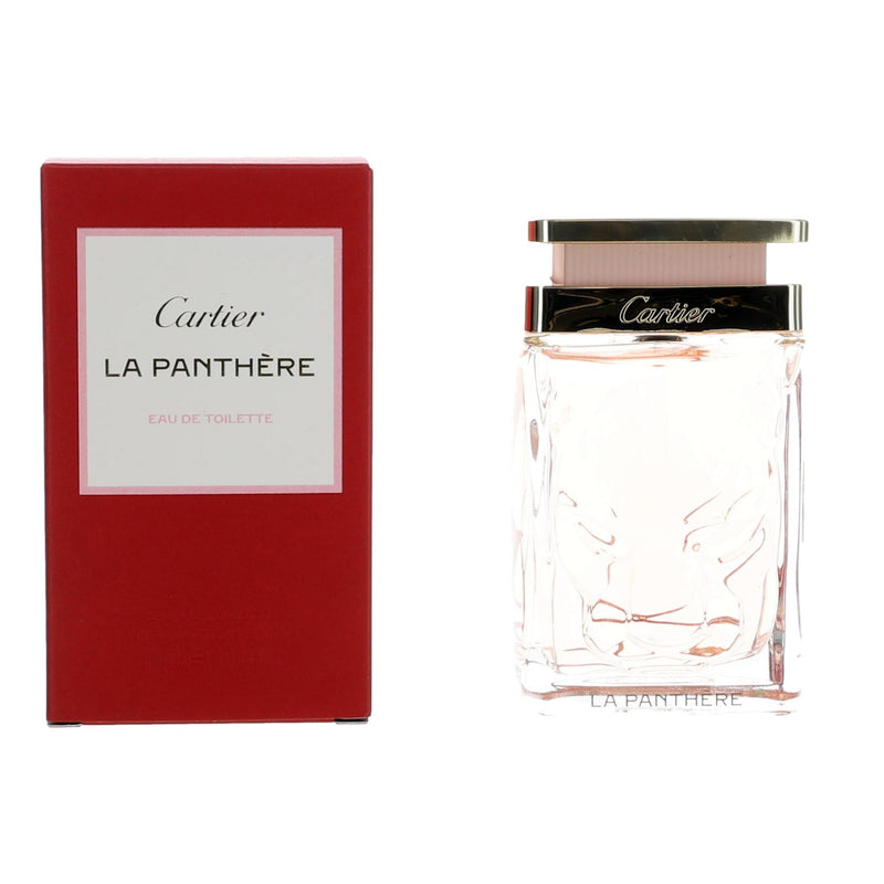 Cartier La Panthere 3.3 oz women’s EDT spray bottle with elegant floral design and luxurious gold accents.