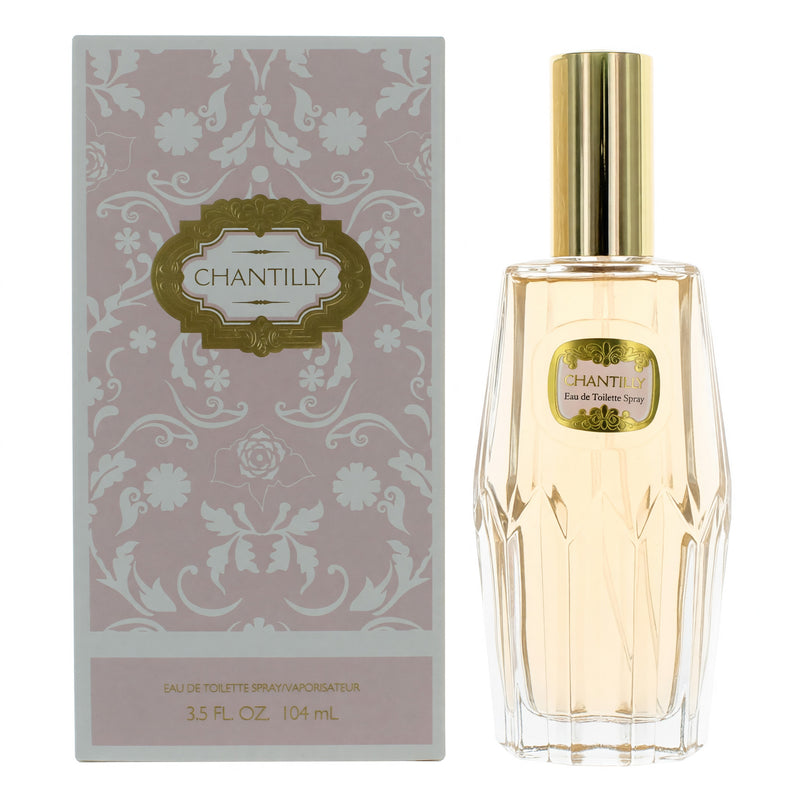 Chantilly by Dana 3.5 oz EDT spray for women, elegant glass bottle with floral design, showcasing the fragrance inside.