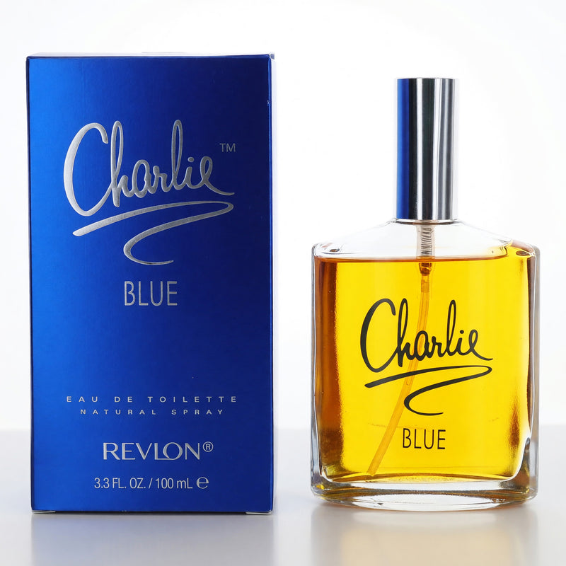 Revlon Charlie Blue 3.4 oz EDT spray for women, featuring a sleek blue bottle with elegant design.