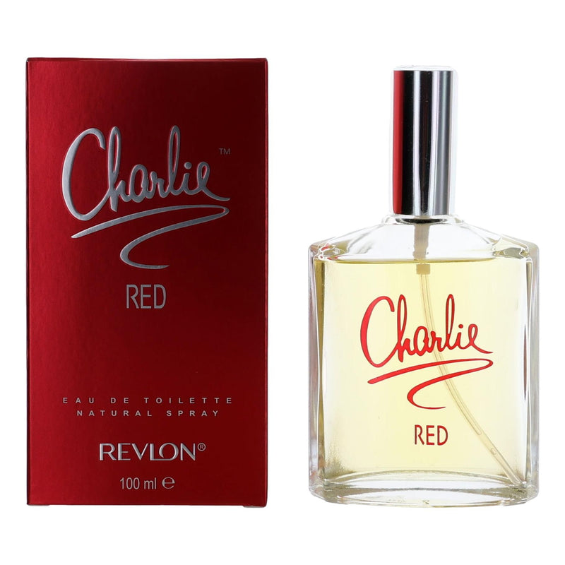 Revlon Charlie Red 3.4 oz women’s EDT spray with a vibrant red bottle, featuring a floral and fruity fragrance design.