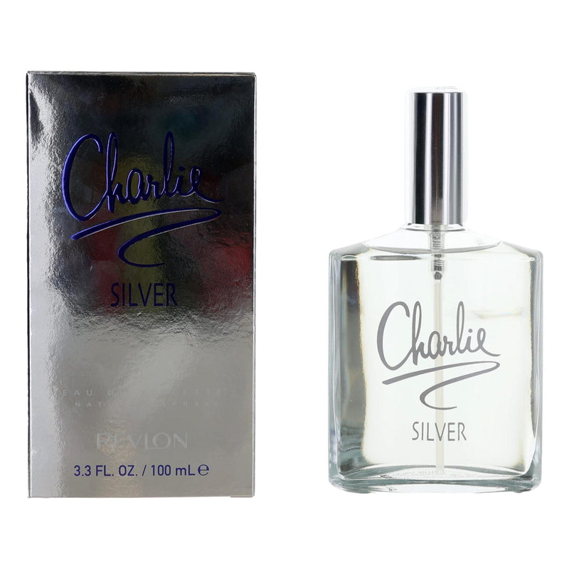 Revlon Charlie Silver 3.4 oz women’s EDT spray bottle with sleek silver and white design.