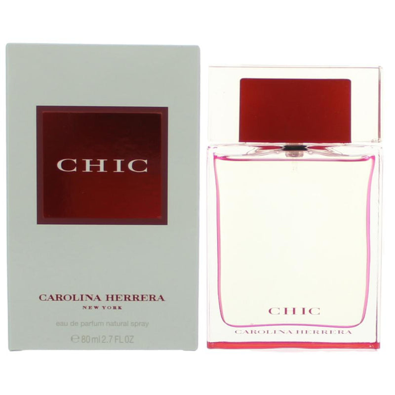Chic by Carolina Herrera 2.7 oz women's EDP spray bottle with elegant packaging and sleek design.