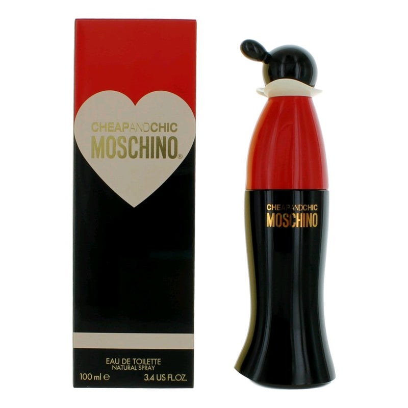 Moschino Cheap & Chic 3.4 oz women's EDT spray bottle with pink and gold packaging, stylish and elegant design.
