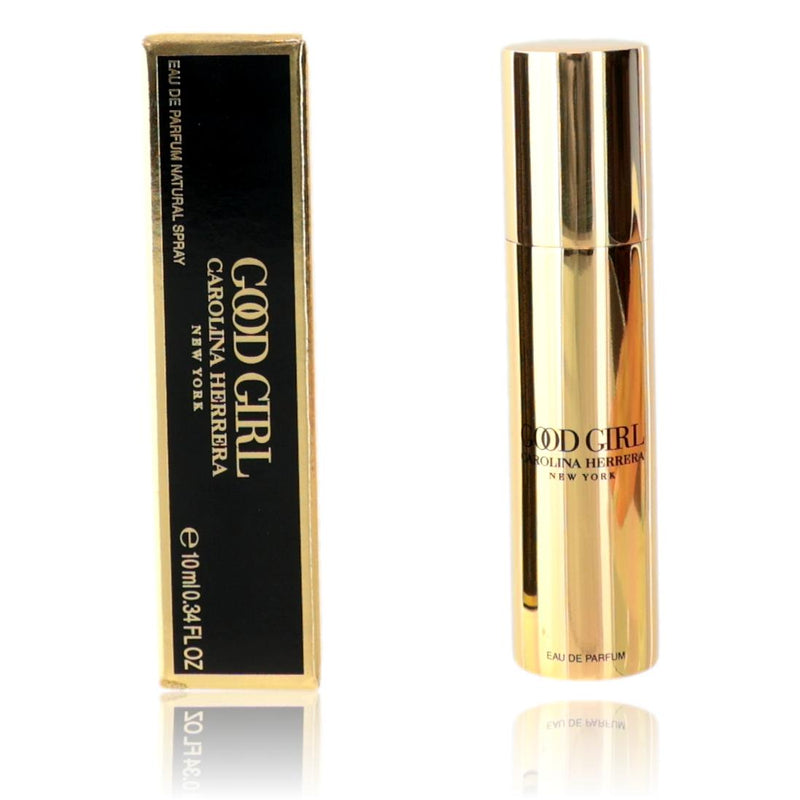 Carolina Herrera Good Girl 0.34 oz Eau de Parfum spray for women, elegant bottle with black and gold accents.