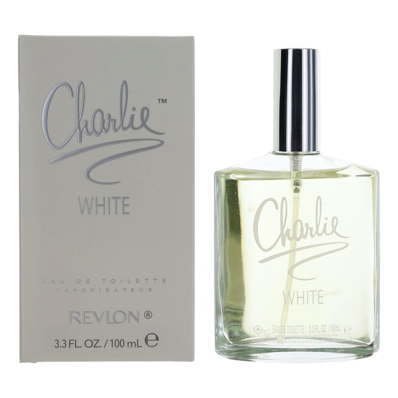 Revlon Charlie White 3.4 oz women’s EDT spray bottle, elegant white fragrance bottle with floral design.