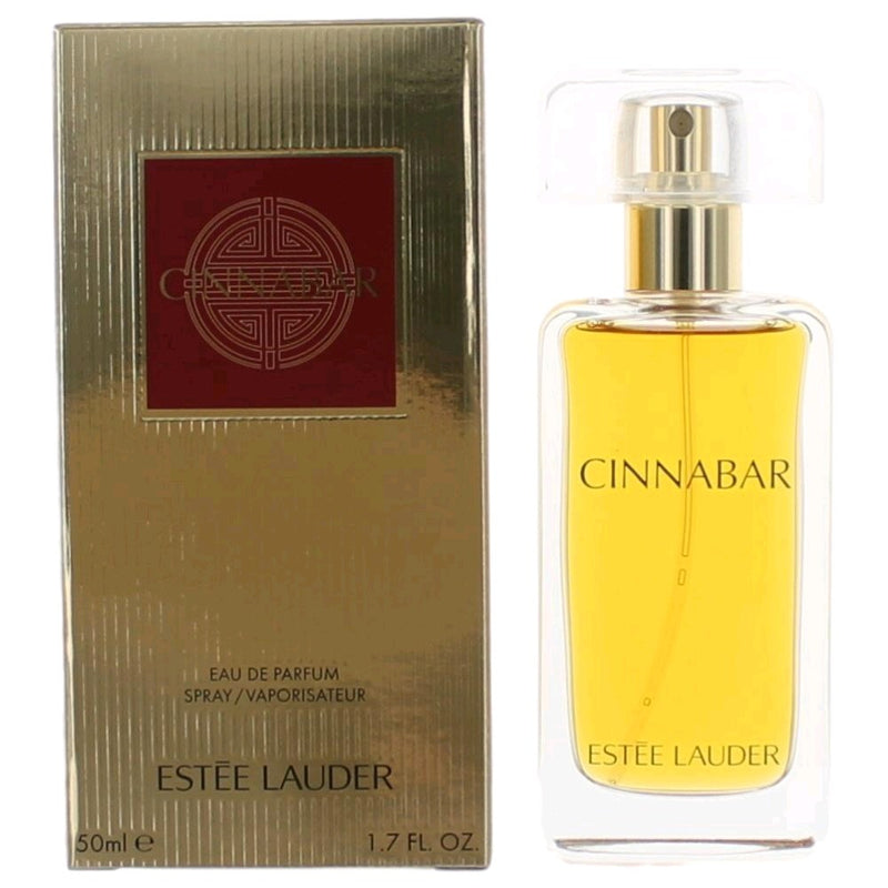 Cinnabar by Estee Lauder 1.7 oz women’s EDP spray bottle, elegant packaging with a deep red fragrance cap
