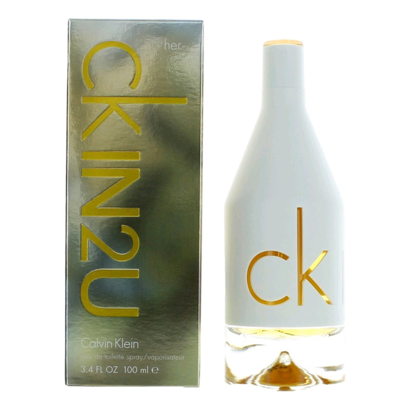 Calvin Klein CK IN2U women’s 3.4 oz EDT spray bottle with sleek design and clear labeling.