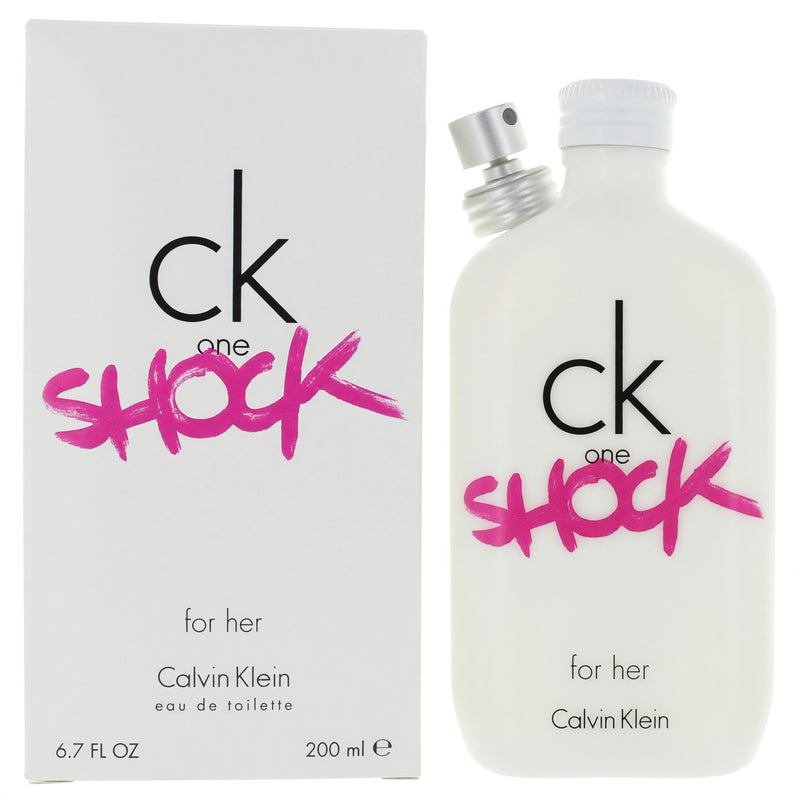 Calvin Klein CK One Shock 6.7 oz women’s EDT spray bottle, sleek and modern design, ready for use.