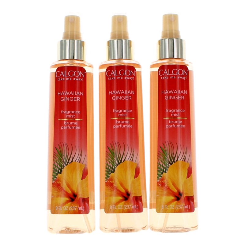 Calgon Hawaiian Ginger fragrance mist for women, 3-pack of 8 oz bottles featuring tropical ginger scent and floral accents.