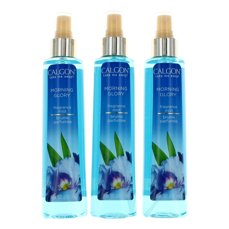Calgon Morning Glory fragrance mist for women in a 3-pack of 8 oz bottles with floral scent, displayed on a white background.