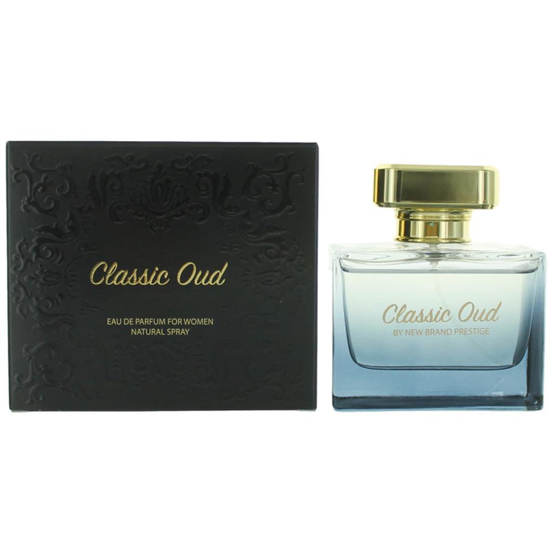 Elegant 3.3 oz Classic Oud by New Brand EDP spray for women, featuring a sleek bottle and luxurious fragrance design.