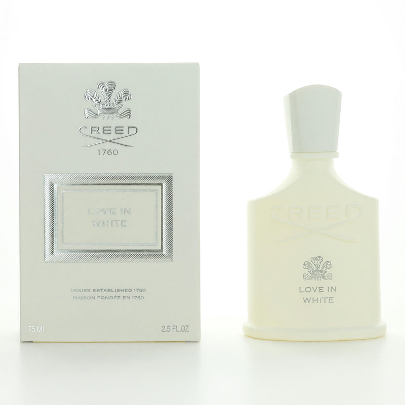 Creed Love in White 2.5 oz Millesime EDP spray for women shown in the image. Elegant perfume bottle with white design.