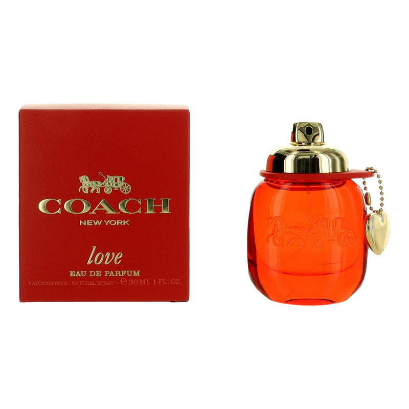 Coach Love by Coach 1 oz women's Eau de Parfum spray, featuring elegant packaging and the perfume bottle with a sleek design.