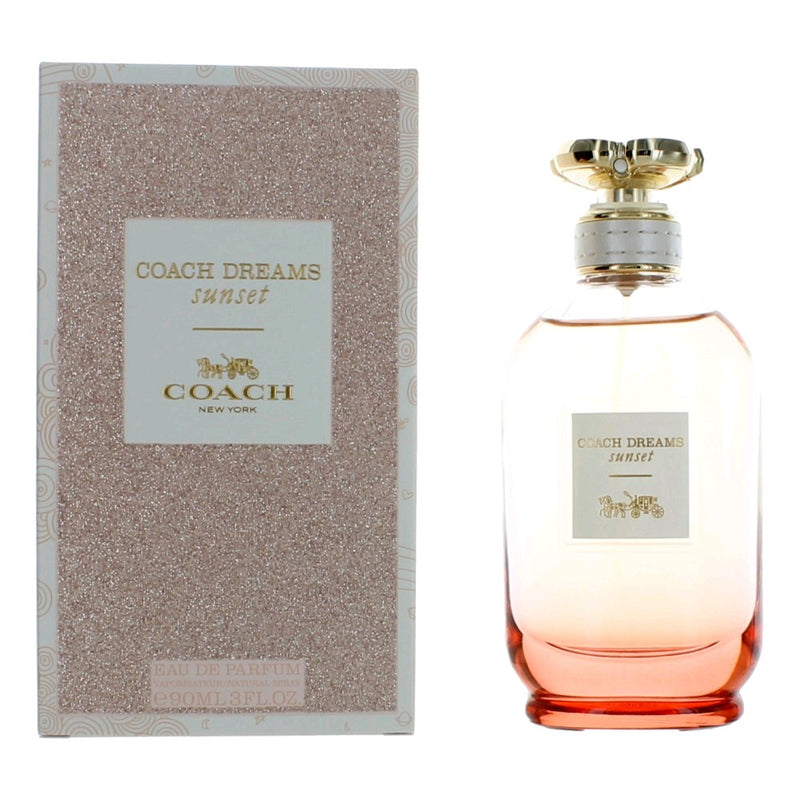 Coach Dreams Sunset women’s 3 oz Eau de Parfum spray bottle with elegant sunset-themed packaging.