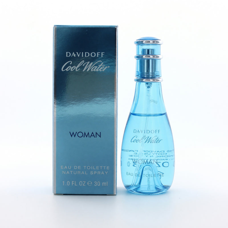 Davidoff Cool Water women’s 1 oz EDT spray bottle, sleek design with clear liquid, representing fresh and aquatic fragrance style.