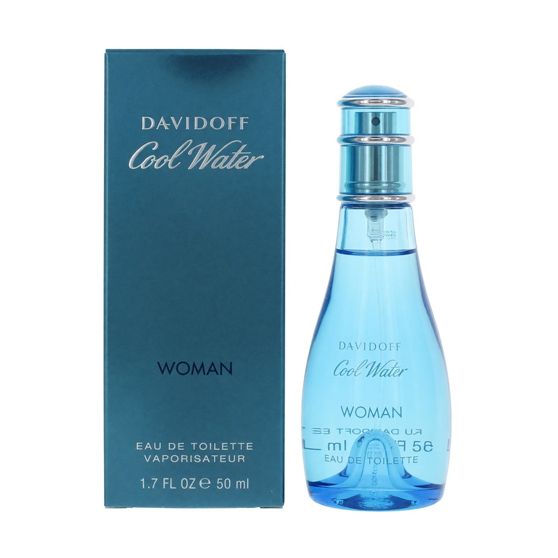 Davidoff Cool Water 1.7 oz women's EDT spray bottle with blue cap and clear packaging, showcasing the fragrance design.