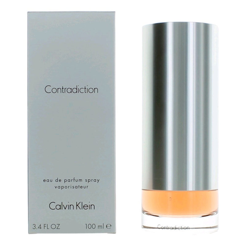 Calvin Klein Contradiction 3.4 oz women’s EDP spray bottle with elegant packaging and sleek design.